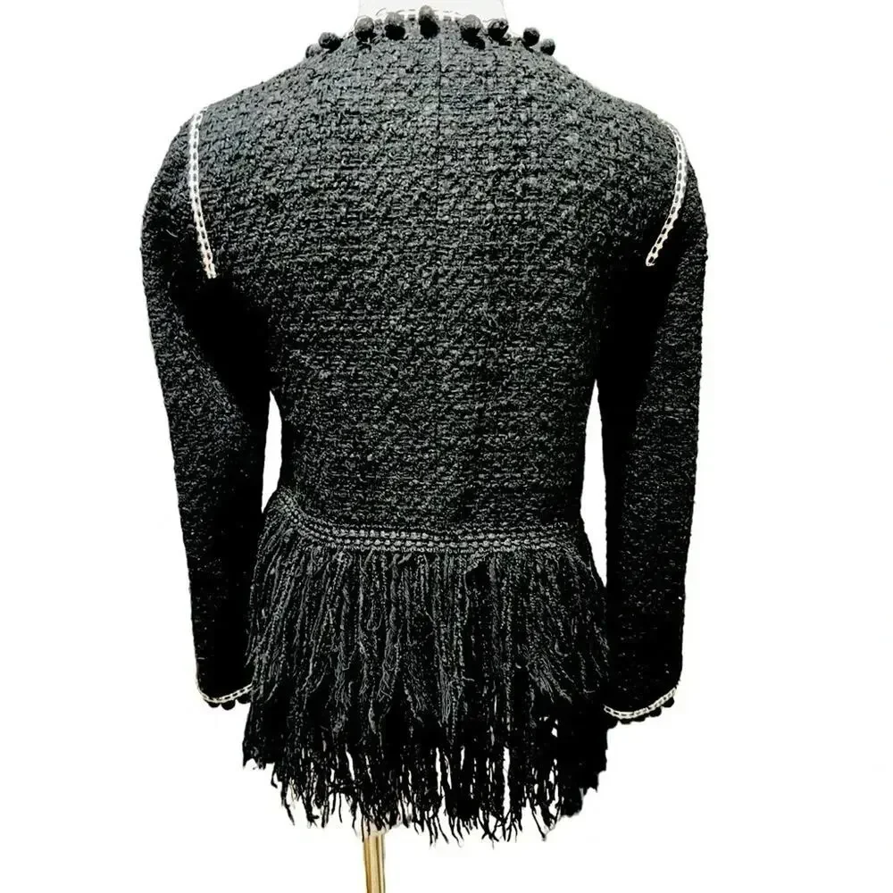 Zara Tweed Fringe Pom Pom Tassels Lined Boucle Jacket Blazer Black Size XS